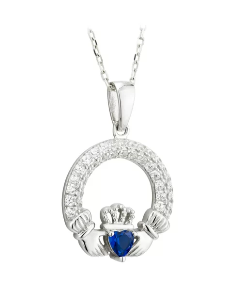 SEPTEMBER BIRTHSTONE SAPPHIRE SILVER CLADDAGH PENDANT