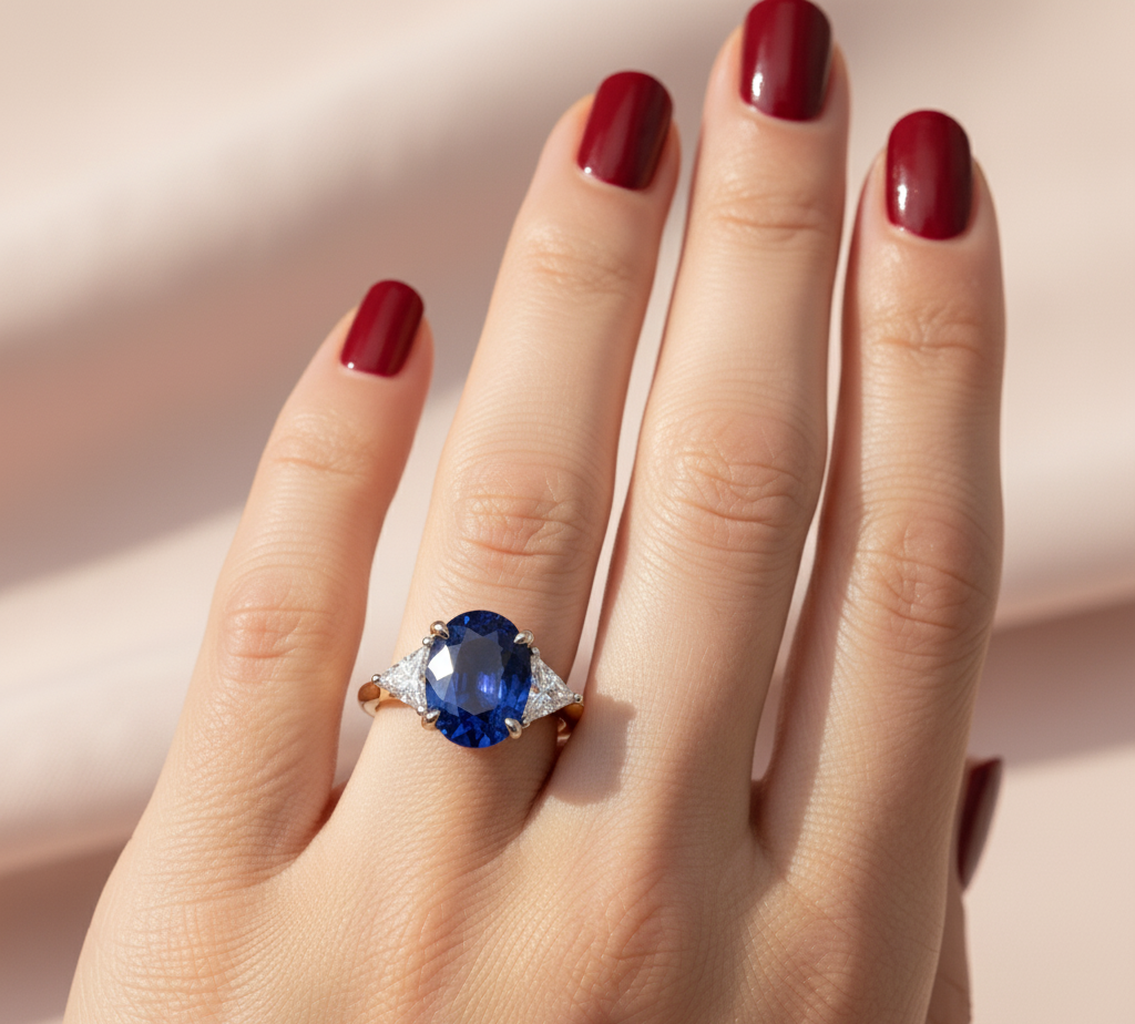 18ct Gold 3 Stone Oval Shape Sapphire Lab Diamond Engagement Ring-M737 - Image 2