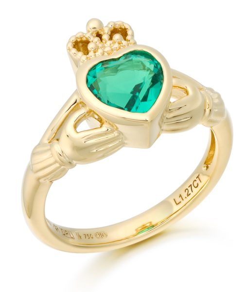 18ct Gold Lab Emerald Claddagh Diamond Ring-M741