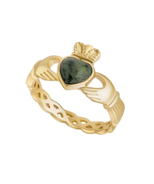 9ct GOLD  CONNEMARA MARBLE CELTIC BAND CLADDAGH RING CL21175