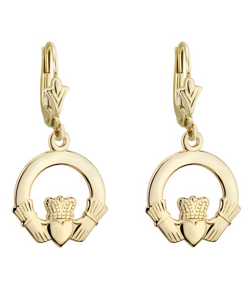 9K GOLD LARGE PLAIN CLADDAGH DROP EARRINGS 34410