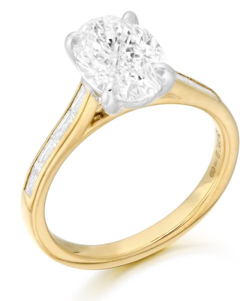 18ct Gold Oval Lab Diamond Engagement Ring with Baguettes on Shoulder-M789